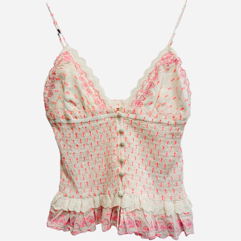 New Free People Love Letter Tank Cami Smocked Romantic Embroidered Top Medium M - Picture 4 of 9